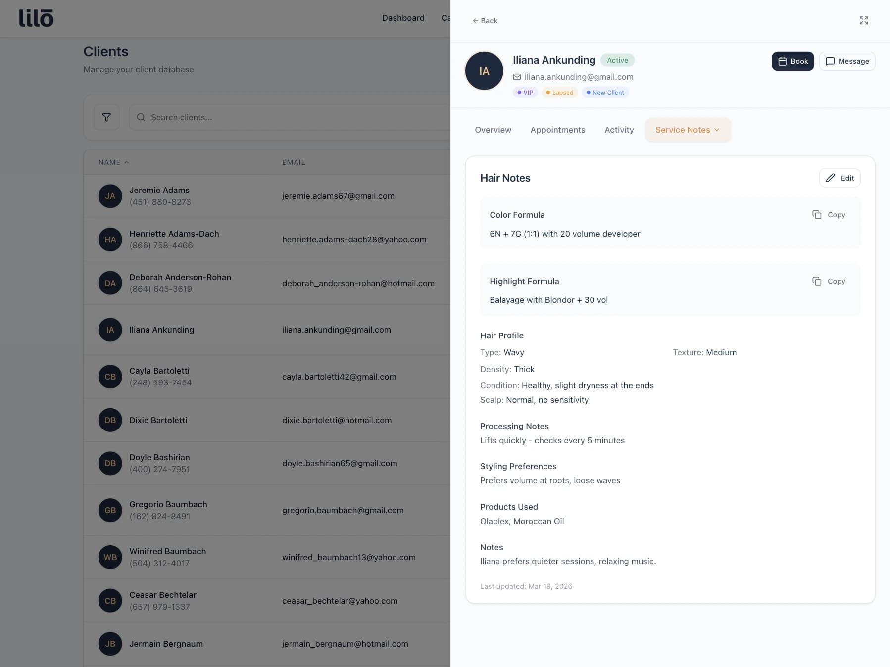 Hair service notes and client profile