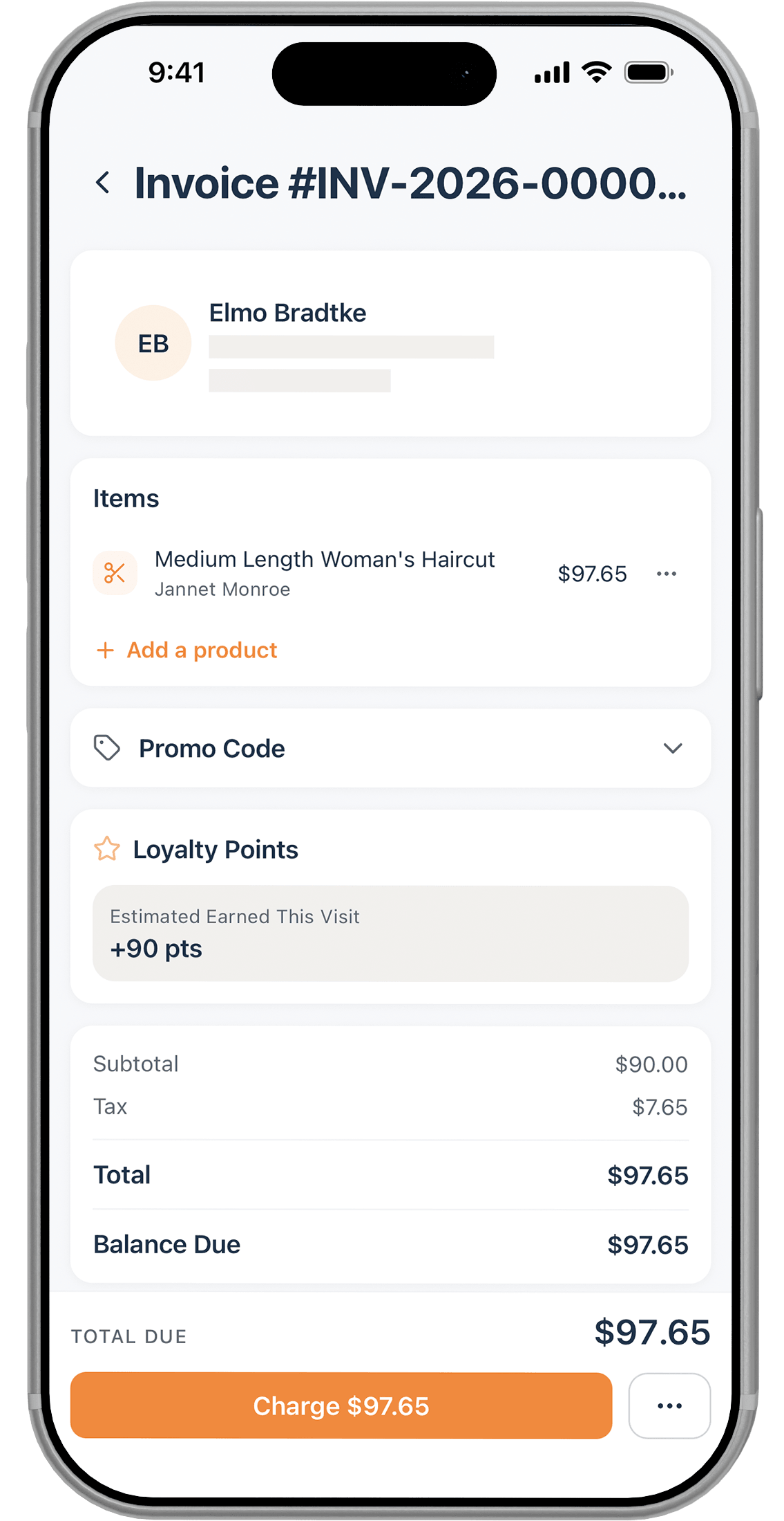 An invoice in the Lilo app, numbered INV-2026. A haircut with Jannet Monroe at $97.65, a button to add a product, a promo code row, and a loyalty card estimating 90 points earned this visit. Below: subtotal $90.00, tax $7.65, total and balance due $97.65, with a Charge $97.65 button pinned at the bottom.