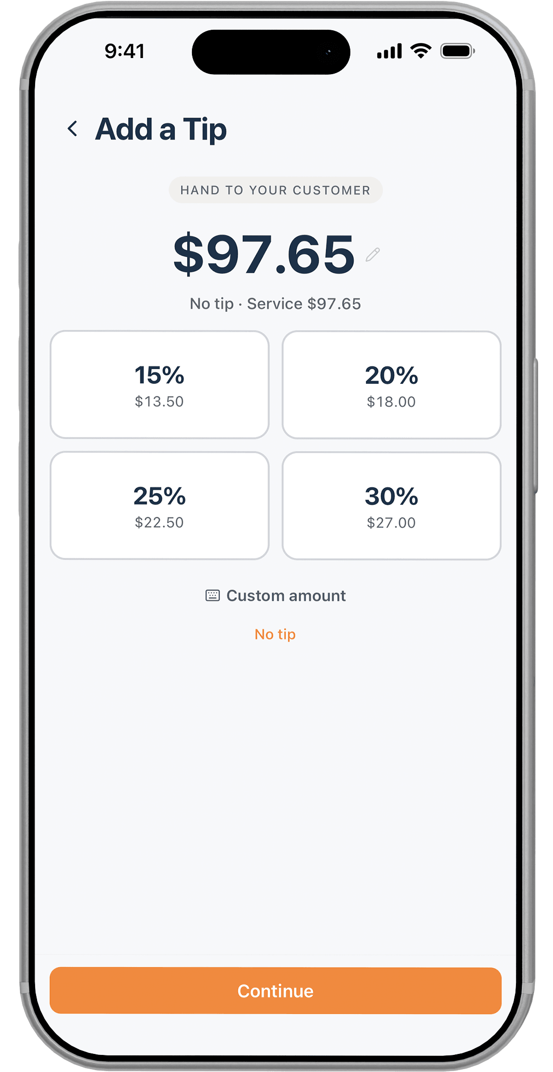 The Add a Tip screen in the Lilo app, badged Hand to your customer. The total reads $97.65 with no tip yet, and four options: 15% at $13.50, 20% at $18.00, 25% at $22.50 and 30% at $27.00, plus a custom amount and a no tip link.
