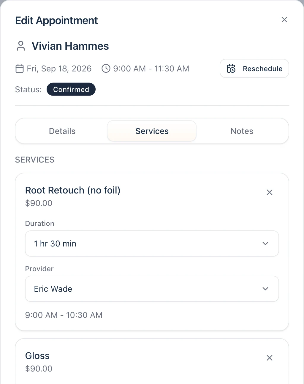 The Services tab of an appointment for Vivian Hammes, 9:00 to 11:30 AM: a Root Retouch and a Gloss listed one under the other, each with its own duration and provider dropdowns and a remove control, and a Reschedule button in the header