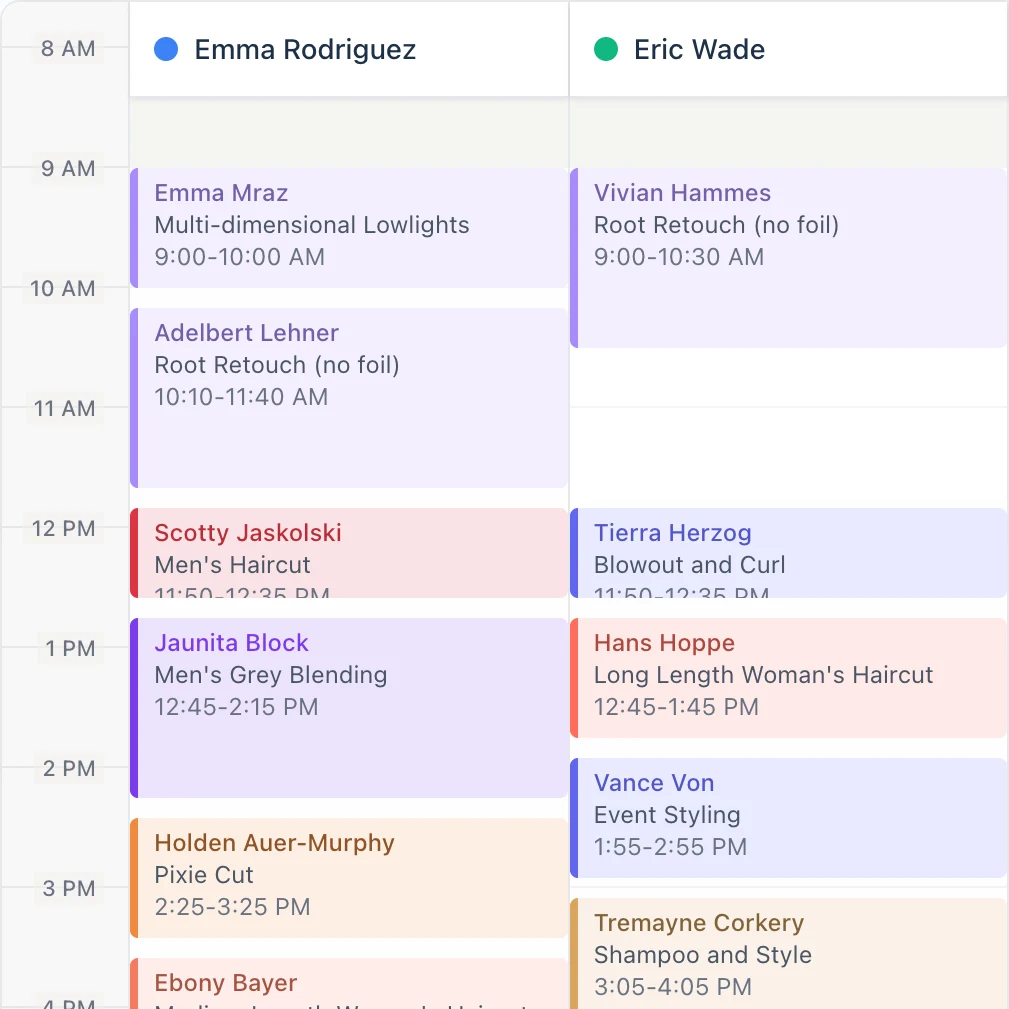 Day view with Emma and Eric in their own columns, each appointment showing the client, the service and the time, color-coded by service against an hourly grid