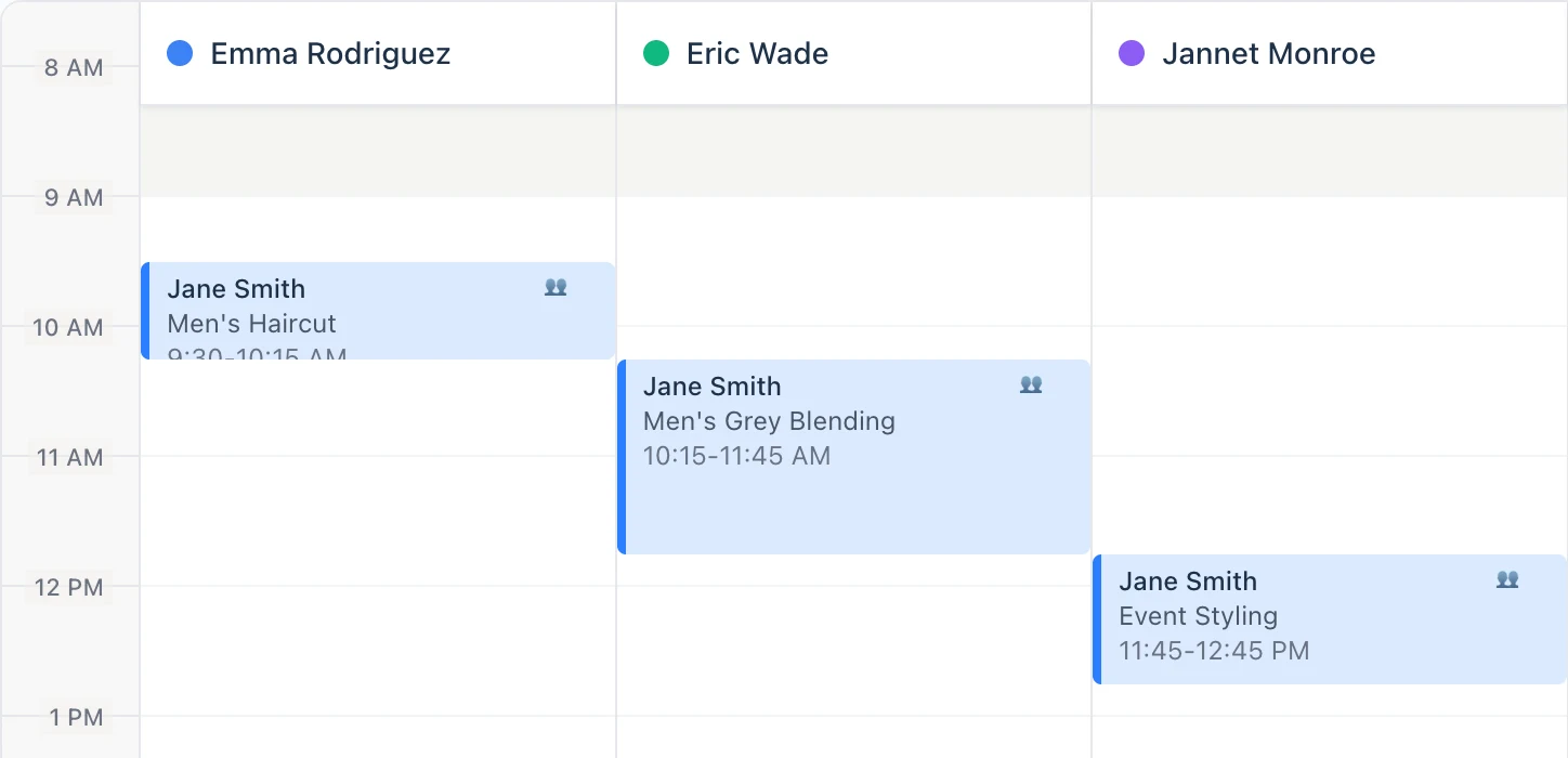 Day view with one client, Jane Smith, booked across three providers back to back: a Men's Haircut with Emma from 9:30 to 10:15, Men's Grey Blending with Eric from 10:15 to 11:45, and Event Styling with Jannet from 11:45 to 12:45, each block marked with a multi-provider icon