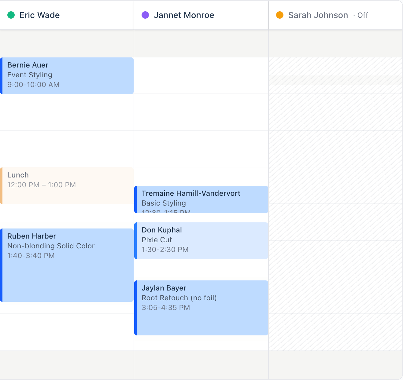 Day view across three providers: a midday Lunch block sits in the grid alongside the appointments, and Sarah Johnson is marked Off with her whole column drawn in diagonal hatching