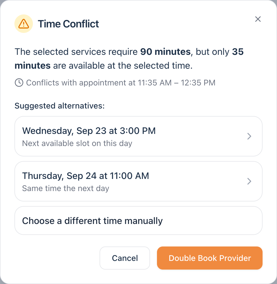A Time Conflict dialog: the selected services need 90 minutes but only 35 are free, it names the appointment it clashes with, offers two alternative times and a manual pick, then Cancel or Double Book Provider