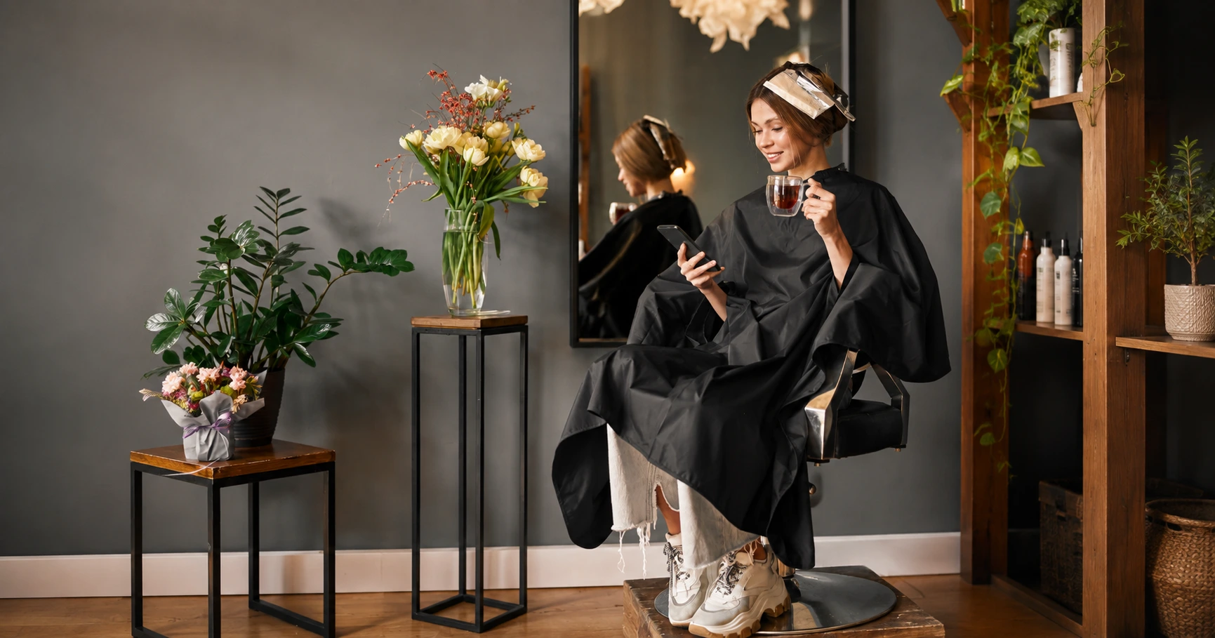 A salon client with color foils in her hair checks her phone from the styling chair, tea in hand.