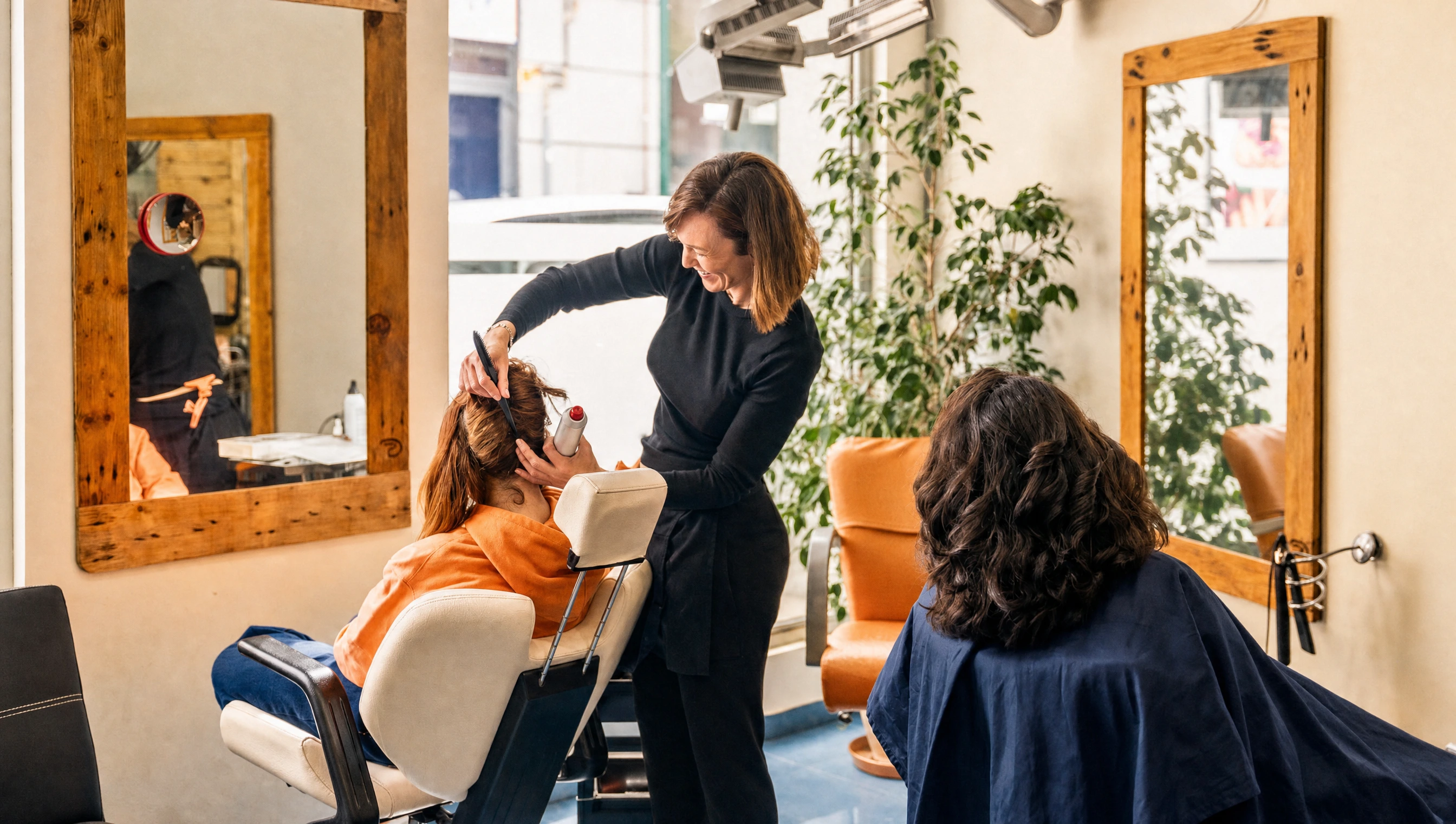 A busy salon floor with motion-blurred staff and one stylist in sharp focus.