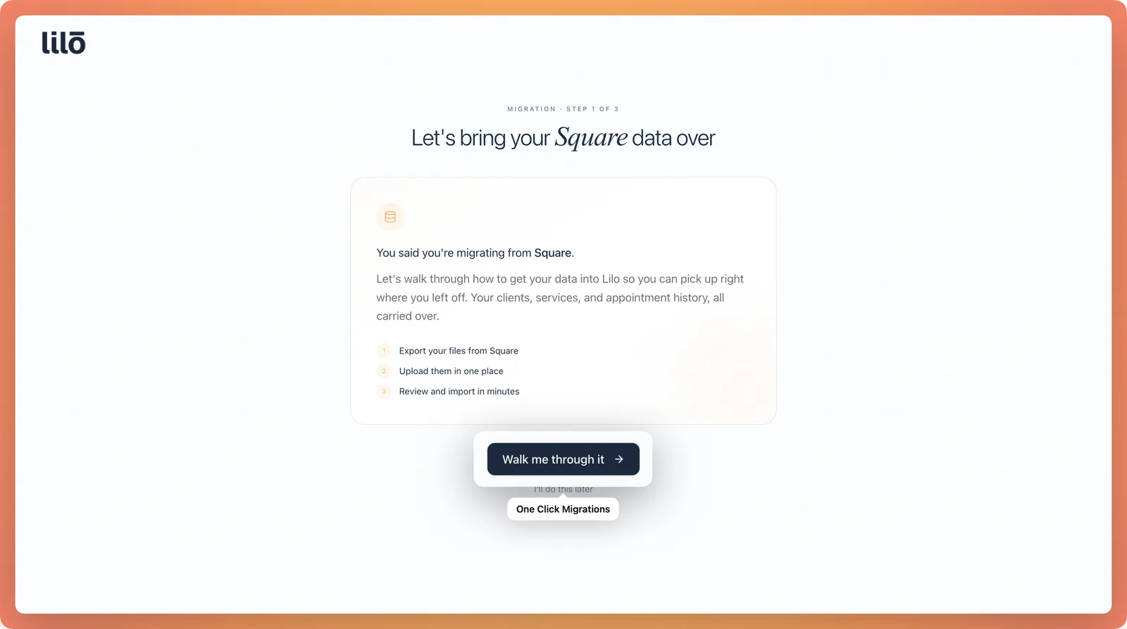 Lilo's guided Square migration screen showing steps to export from Square, upload, and import your data